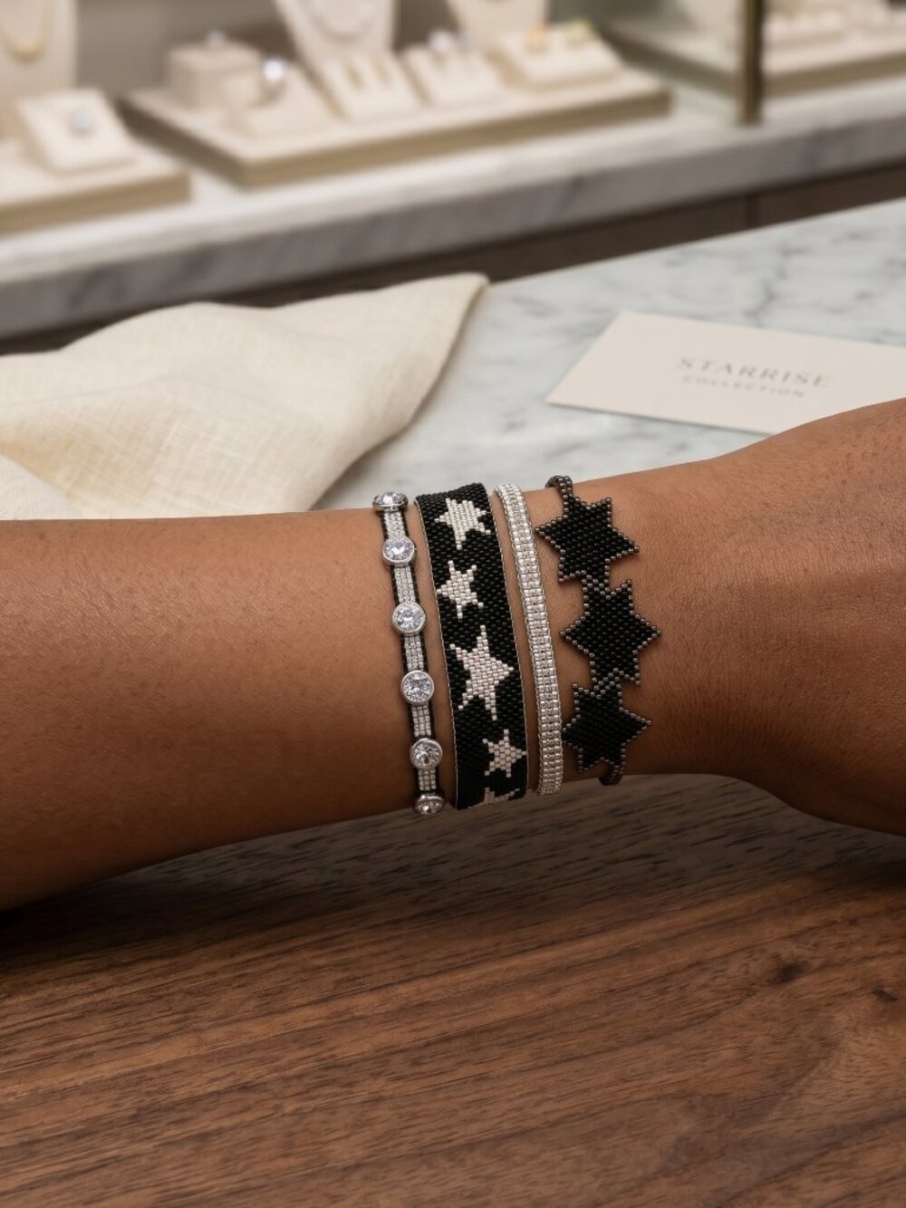 Handmade Waterproof Black & Silver Beaded Bracelet Stack | Boho | Handmade